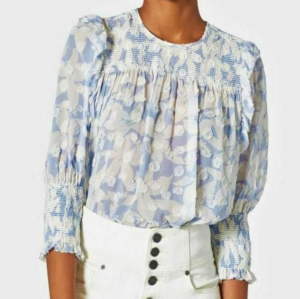 JOIE Smocked Cuffs Jamila Top Silk Blend Blouse Blue White Floral Extra Small XS